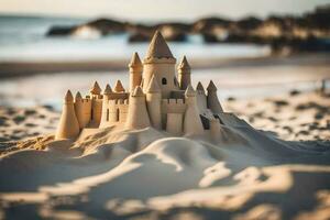 une le sable Château sur le plage. généré par ai photo