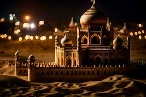 une modèle de une mosquée dans le désert à nuit. généré par ai photo