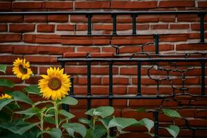 tournesols croissance dans de face de une brique mur. généré par ai photo