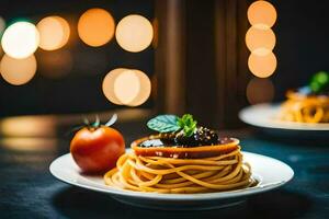 spaghetti avec tomate et basilic sur une plaque. généré par ai photo