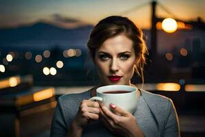 une femme en portant une tasse de thé à le coucher du soleil. généré par ai photo