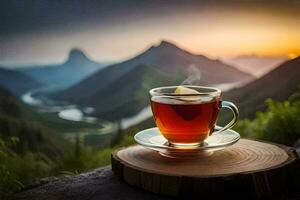 une tasse de thé sur une Montagne Haut. généré par ai photo