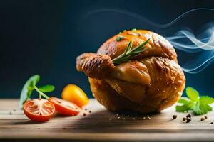 une rôti poulet avec fumée et herbes sur une en bois Coupe planche. généré par ai photo