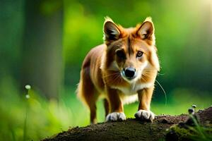 une chien est permanent sur une Roche dans le forêt. généré par ai photo