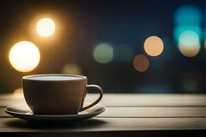 une tasse de café sur une table dans de face de une paysage urbain. généré par ai photo