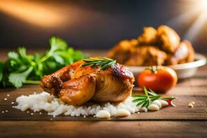 poulet avec riz et des légumes sur une en bois tableau. généré par ai photo