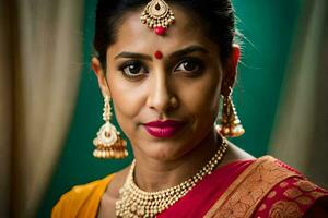 une femme portant traditionnel bijoux et une rouge sari. généré par ai photo