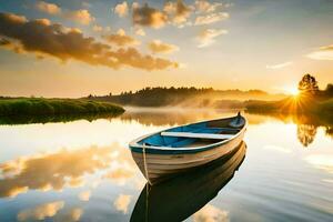 une bateau est assis sur le l'eau à le coucher du soleil. généré par ai photo