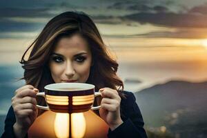 une femme en portant une tasse de thé dans de face de une le coucher du soleil. généré par ai photo