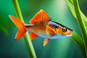 une poisson avec Orange et noir palmes est nager dans le l'eau. généré par ai photo