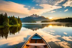 le bateau est sur le calme Lac avec montagnes dans le Contexte. généré par ai photo