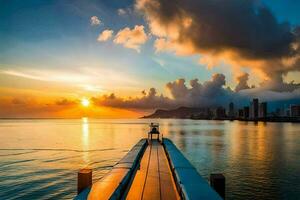 une Dock dans le océan à le coucher du soleil. généré par ai photo