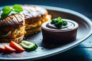 une assiette avec une sandwich et une côté plat. généré par ai photo