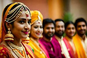 une la mariée et jeune marié dans traditionnel Indien tenue. généré par ai photo