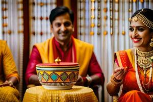 une la mariée et jeune marié dans traditionnel Indien tenue. généré par ai photo