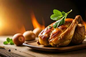 une poulet sur une en bois assiette avec oignons et herbes. généré par ai photo