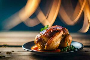 une poulet sur une assiette avec sauce et herbes. généré par ai photo