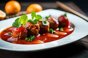 une assiette de Boulettes de viande avec sauce et garnir. généré par ai photo