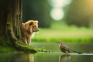 le Lion et le oiseau. généré par ai photo