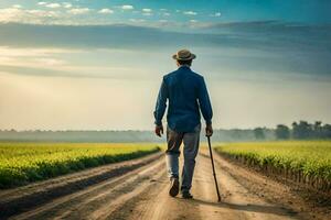 une homme en marchant sur une saleté route avec une canne. généré par ai photo