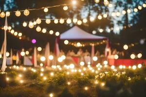 une mariage accueil avec lumières et les tables. généré par ai photo