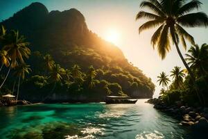 tropical île avec paume des arbres et l'eau. généré par ai photo