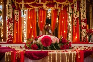 le mariage la cérémonie a été tenue dans une magnifique lieu avec rouge et or décorations. généré par ai photo