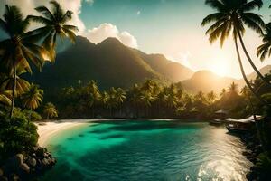 une tropical plage avec paume des arbres et montagnes. généré par ai photo