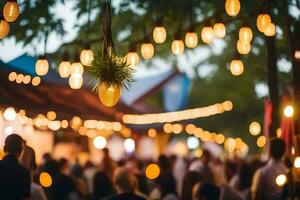 une foule de gens à un Extérieur un événement avec lumières. généré par ai photo