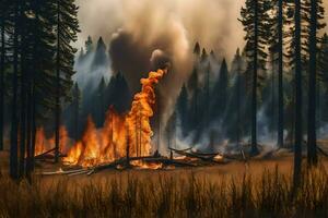 une forêt Feu dans le milieu de une champ. généré par ai photo