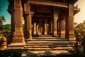 le Soleil est brillant par le piliers de un ancien temple. généré par ai photo