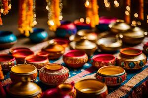 coloré des pots et boules sur afficher à un Indien mariage. généré par ai photo