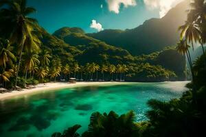 le Soleil brille sur une tropical plage avec paume des arbres. généré par ai photo