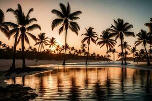 le plage à le coucher du soleil avec paume des arbres. généré par ai photo