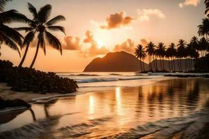 une plage à le coucher du soleil avec paume des arbres et l'eau. généré par ai photo