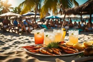 une assiette de crevette et les boissons sur le plage. généré par ai photo