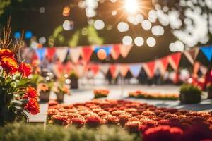 une fleur arrangement dans une parc avec bruant drapeaux. généré par ai photo