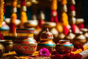 Indien mariage décor avec coloré des pots et fleurs. généré par ai photo