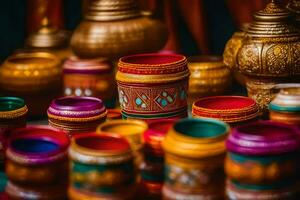 coloré des pots et tasses sont arrangé sur une tableau. généré par ai photo