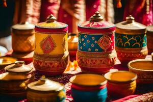 coloré des pots et tasses sur afficher à un Indien mariage. généré par ai photo