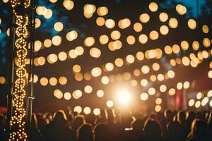 une foule de gens à un Extérieur un événement avec lumières. généré par ai photo