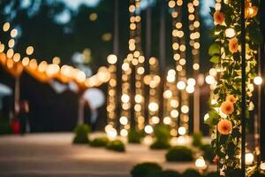 une mariage la cérémonie est tenue dans de face de une chaîne de lumières. généré par ai photo