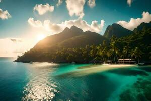 le Soleil brille plus de une tropical île avec paume des arbres. généré par ai photo