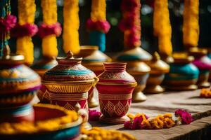 Indien mariage décor avec coloré des pots et guirlandes. généré par ai photo