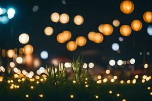 beaucoup lumières sont sur le herbe à nuit. généré par ai photo