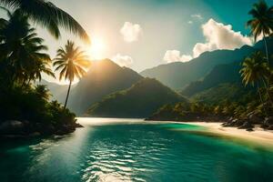 le Soleil brille plus de une tropical plage et paume des arbres. généré par ai photo