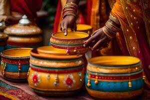 une femme dans traditionnel Indien robe est en portant une bol. généré par ai photo