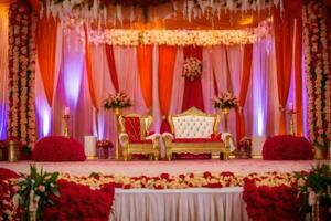 une mariage étape décoré avec rouge et blanc fleurs. généré par ai photo