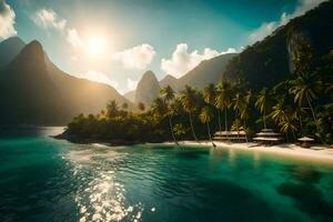 une tropical île avec paume des arbres et montagnes. généré par ai photo