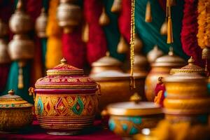 Indien mariage décor avec coloré des pots et bocaux. généré par ai photo